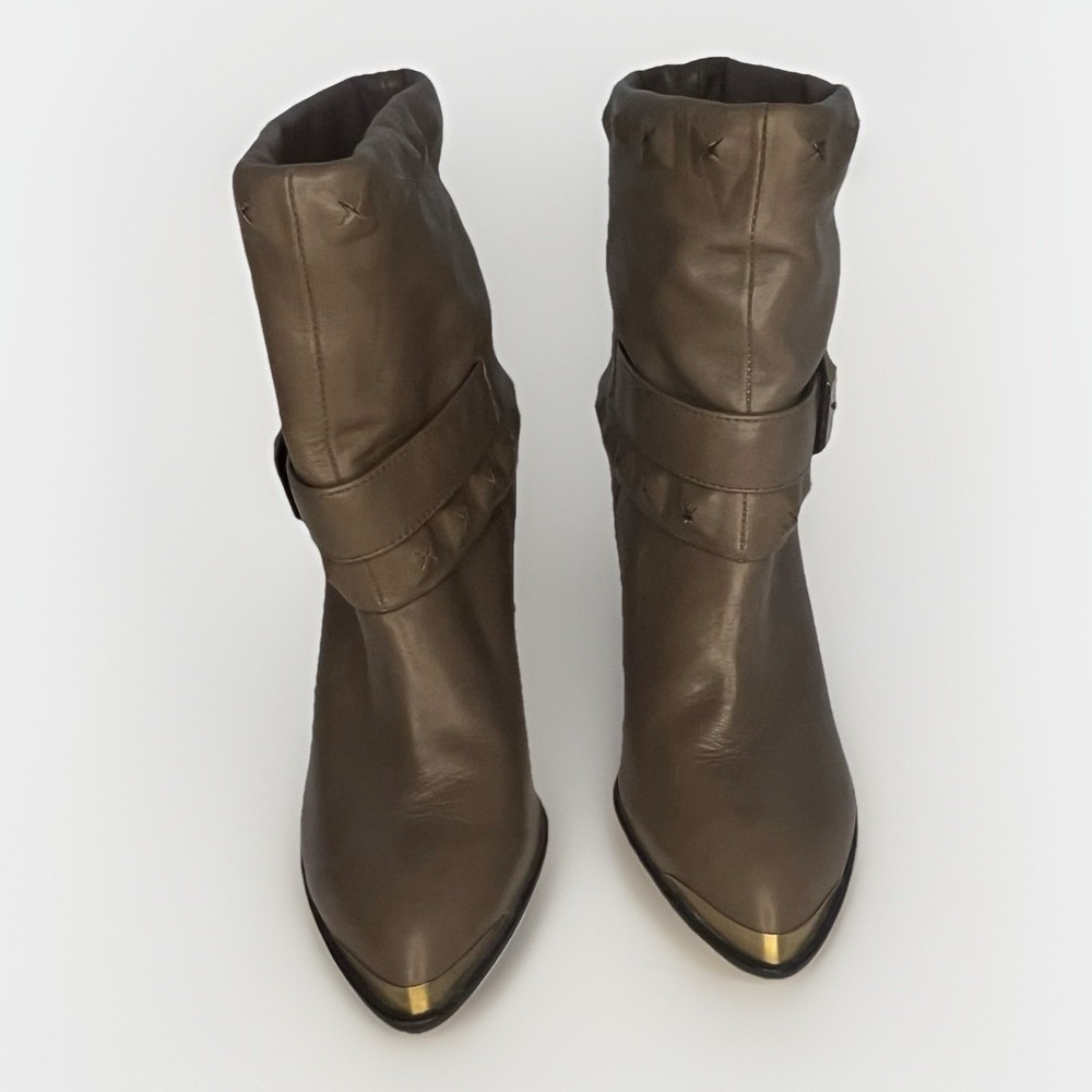 B. Makowsky BFLIZA Leather Ankle Boots 7.5M Brown Cone Heel Buckle Pointed Shoes